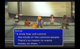 President Rufus Shinra forteller om hvordan han skal lede befolkningen.