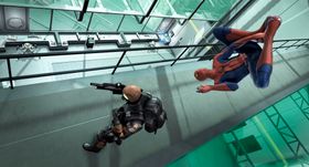 Tipper Spider-Man kjører våt-finger-i-øret på skurken.