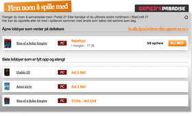 Slik ser lobbysystemet ut på forsiden av Gamer.no.