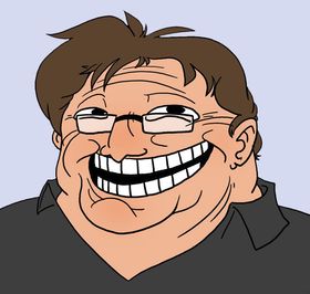 En blanding av Valve-sjef Gabe Newell og trollface-memet.