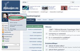 Trykk på brukernavnet ditt for å få opp en meny der du kan klikke deg videre til kontrollpanelet.