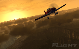 Microsoft Flight flyr inn i solnedgangen uten mer innhold.