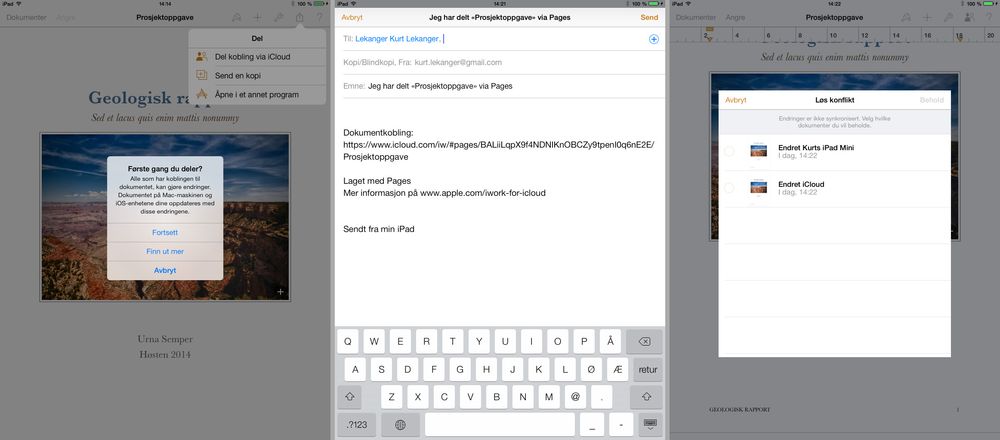 iWorks har fått gode samarbeidsfunksjoner. Dokumentene lagres i iCloud, og flere brukere kan redigere samme dokument på iPad, iPhone, iWork på Mac eller på iCloud.com på Mac eller Windows-PC.