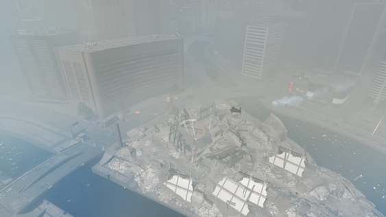 Tåkelagt Siege of Shanghai etter at skyskraperen har falt.