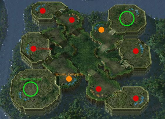 Her er alle basemulighetene på et StarCraft II-kart.