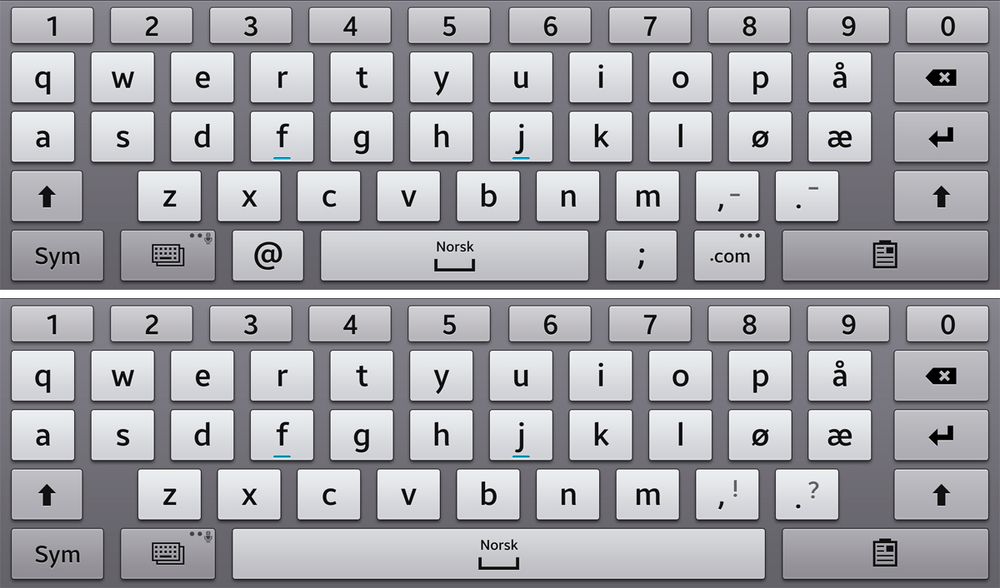 Tastaturet endrer seg litt, avhengig av hva du skal bruke det til. Øverst er tastaturet slik det ser ut når du skal skrive i et adressefelt. Nederst slik det ser ut når du skriver selve meldingen.