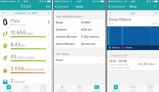Fitbit Flex logger skritt, tilbakelagt distanse, hvor lenge du har vært aktiv, søvn, kaloriforbruk og kaloriinntak. .