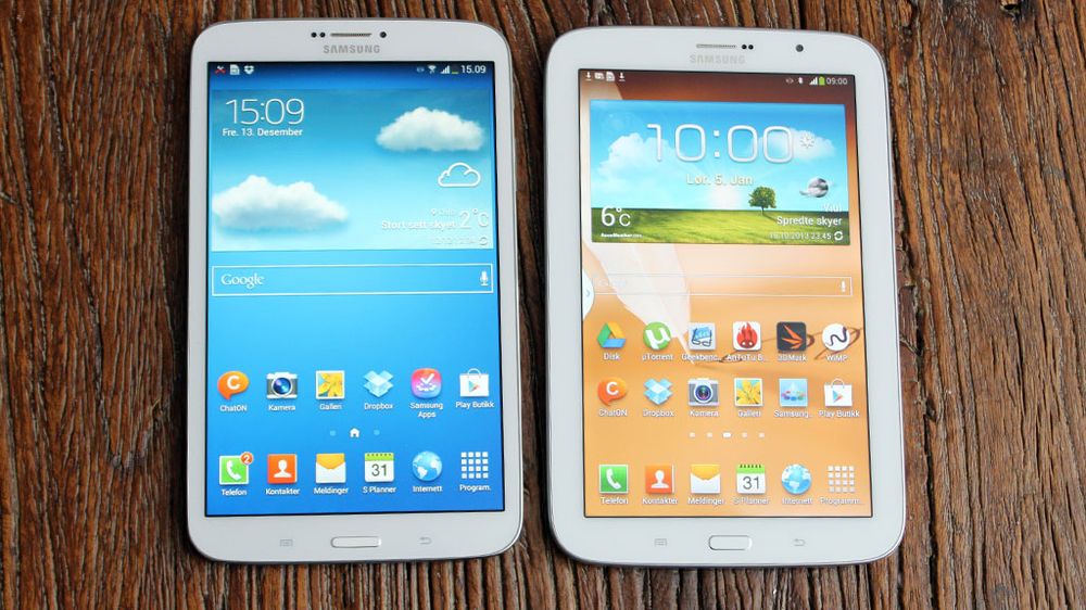 Tab 3 er slankere enn den langt dyrere Note 8, til høyre. Men så er den også enklere spesifisert.