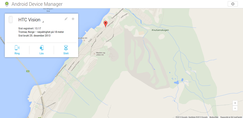 Her ser du Android Device Manager i bruk.
