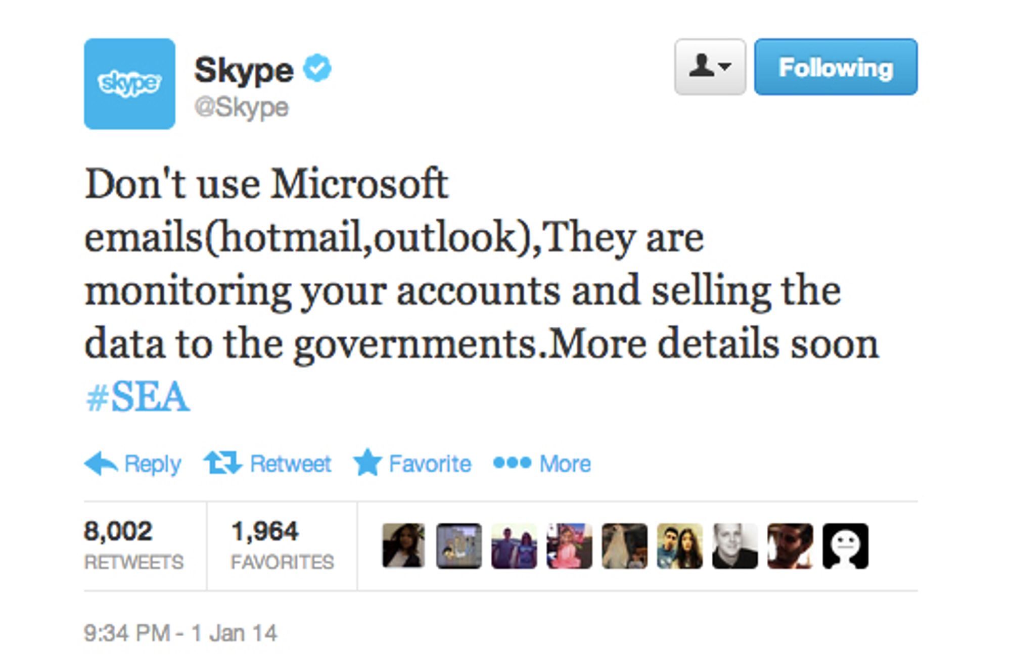 Slik ser det ut når "Skype" advarer mot Microsoft.