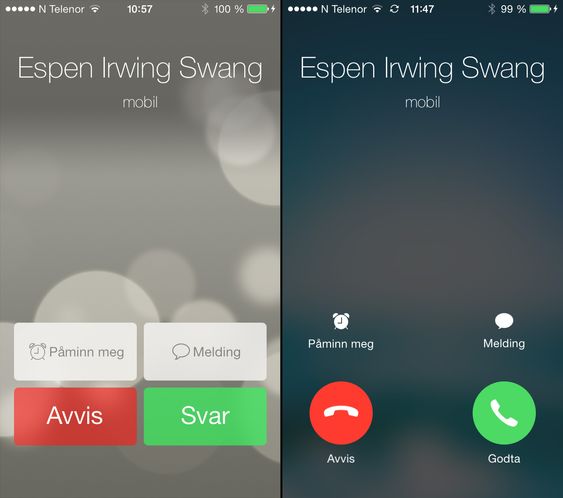 Det nye skjermbildet for innkommende samtale til høyre, iOS 7.0.4 til venstre.
