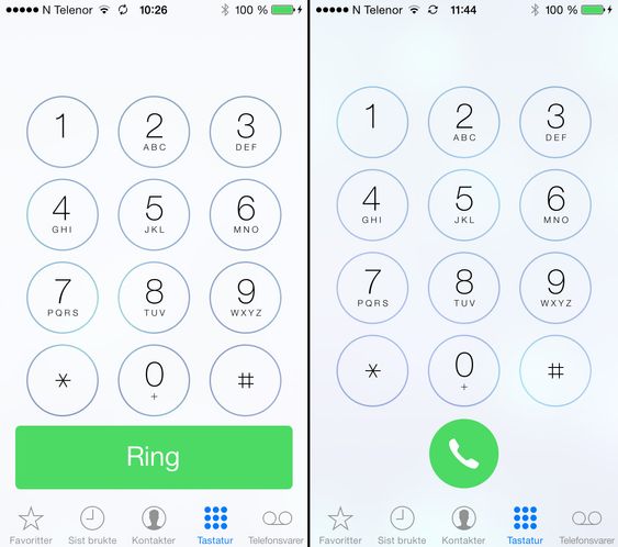 Ringeskjermen. iOS 7.1 til høyre. .