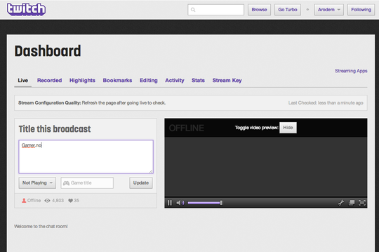 Dashbordet på Twitch.tv.