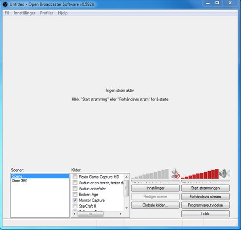 Open Broadcaster Softwares startskjerm.