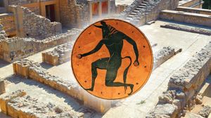 Her ser du den fryktinngytende Minotaurus, med ruinene på Knossos i bakgrunnen.