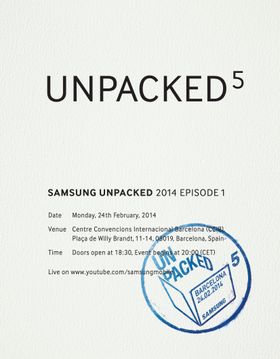 En av innkallingene til Samsungs pressekonferanse i Barcelona.