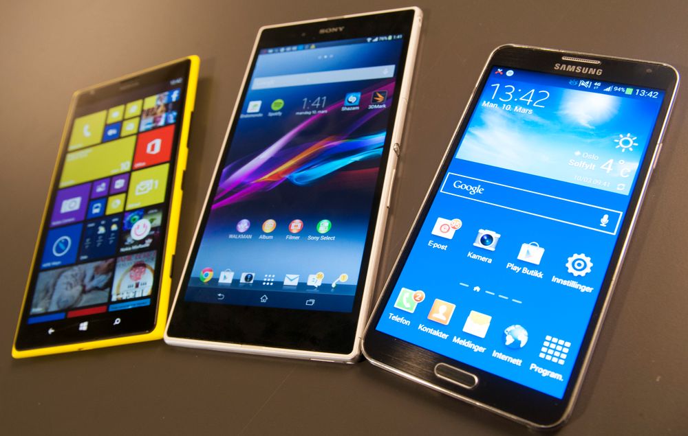 Tre giganter. Fra venstre; Nokia Lumia 1520, Sony Xperia Z og Samsung Galaxy Note III.