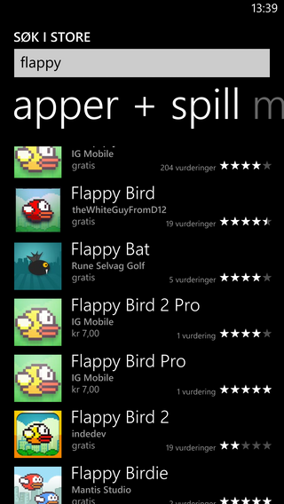 Mens både Apple og Google har satt bremsene på for Flappy Bird-klonene, er det tett mellom dem i Microsofts appbutikk.