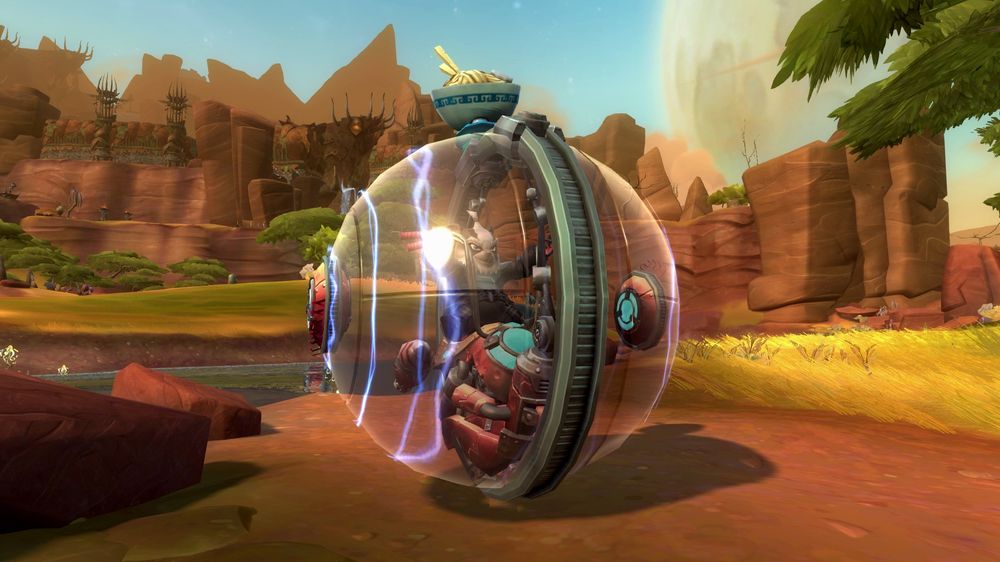 En hamsterball-motorsykkel er et av fremkomstmidlene du kan få i Wildstar. (Bilde: Carbine Studios/NCSoft).