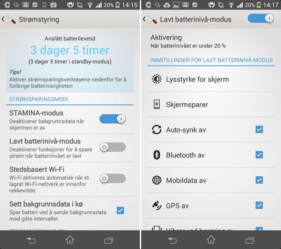 Du kan få flere timer ekstra batteritid hvis du bruker noen av de smarte strømsparefunksjonene til Z1 Compact.