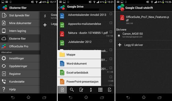 OfficeSuite kan hente dokumenter fra skylagringstjenester som Google Drive, og du kan skrive ut via Google Cloud Print.