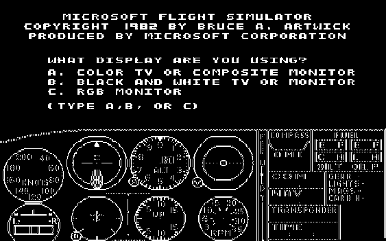 Det aller første Flight Simulator-spillet fra Microsoft kom i 1982. Her måtte spilleren velge hva slags skjerm han brukte.