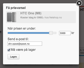 Velg hvor lavt prisen skal synke og om den skal være på lager. .