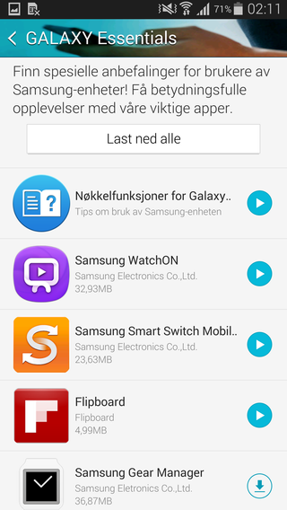 Apper som ellers ville fulgt med er nå plassert i kategoriene Galaxy Gifts, og Galaxy Essentials, i Samsungs egen appbutikk. Derfra kan de lastes ned gratis.