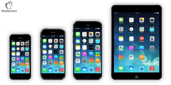 Fra venstre: iPhone 5s (4"), iPhone 6 (4,7"), iPhone 6 (5,7"), iPad Mini (7,9").