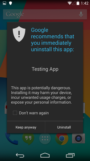 Hvis det oppdages en skadelig app, blir du advart – og anbefalt å avinstallere appen.