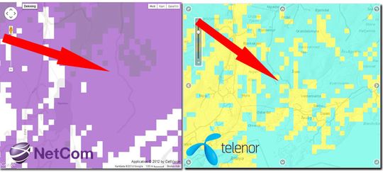 Dekningskartet viser at det er et vanskelig område hytta ligger i, men både Netcom (lilla = 4G) og Telenor (lyseblå = 4G) hevder å ha dekning akkurat der hytta ligger.