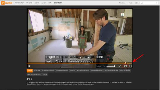 Sumo kan brukes med Chromecast. Klikk på ikonet så sendes innholdet over til TV-en din.