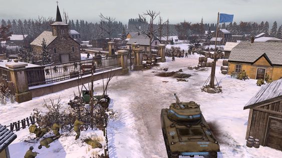 En vinterkledd fransk landsby, basert på slaget i Ardenne (Skjermbilde: Relic Entertainment).