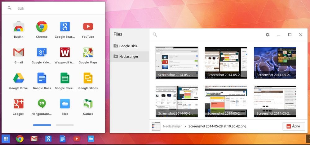 Alle ikonene i programmer-menyen er bare lenker til nettsider som åpnes i Chrome-nettleseren. I bilbehandleren kan vi se forhåndsvisning av dokumenter som ligger lagret både lokalt og i skyen.