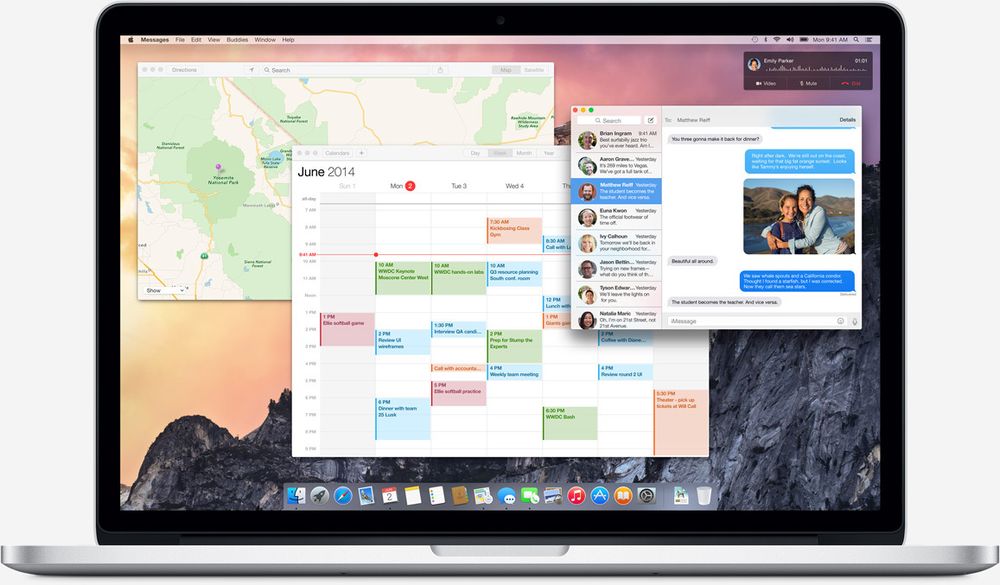 Et oversiktsbilde av nye OS X. Designen er nå mer gjennomsiktig, lettere, og preget av mer rette linjer enn før. Inspirasjonen fra iOS er tydelig.