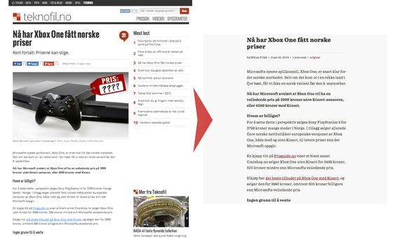 Slik ser det ut før og etter du har trykket på Readability-knappen.