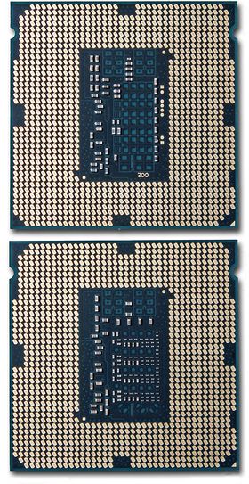 Intel har lagt til flere kondensatorer på undersiden av prosessoren for å gi jevnere strømforsyning. Intel Core i7 4770K over, Intel Core i7 4790 under.