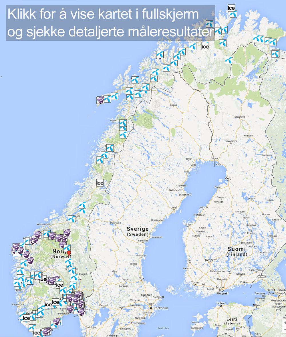 Vi har testet mobilt bredbånd i hele Norge. Logoen viser hvilken operatør som er raskest på stedet.