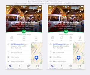 Disse to skjermbildene for en restaurant på Foursquare ser nesten like ut, men på skjermen til høyre har brukeren Swarm-appen installert. Da dukker det også opp en innsjekkingsknapp.