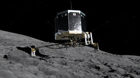Illustrasjon av landingfartøyet Philae under landingen på kometen.