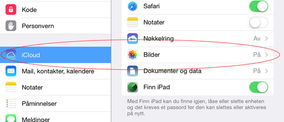 I iOS slår du av og på bildestrømmen under Bilder i iCloud-innstillingene.