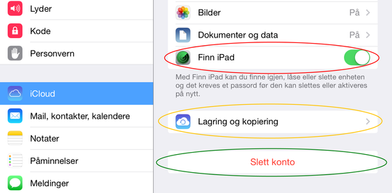 Du kan flikke av og på mye i iCloud, men ved siden av bildestrømmen vil vi her peke på Finn iDings (rød ring) sikkerhetskopiering (gul ring) og «jeg vil ikke bruke iCloud på denne enheten» (grønn ring).