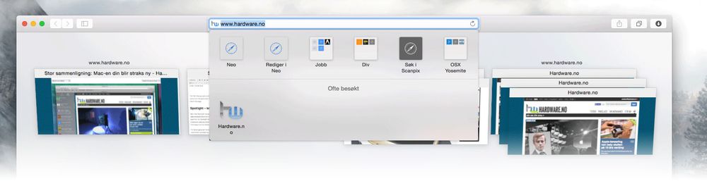 Safari har blitt mer kompakt, men fanebehandlingen er enda lettere enn før. Her er faner fra samme nettsted gruppert sammen.