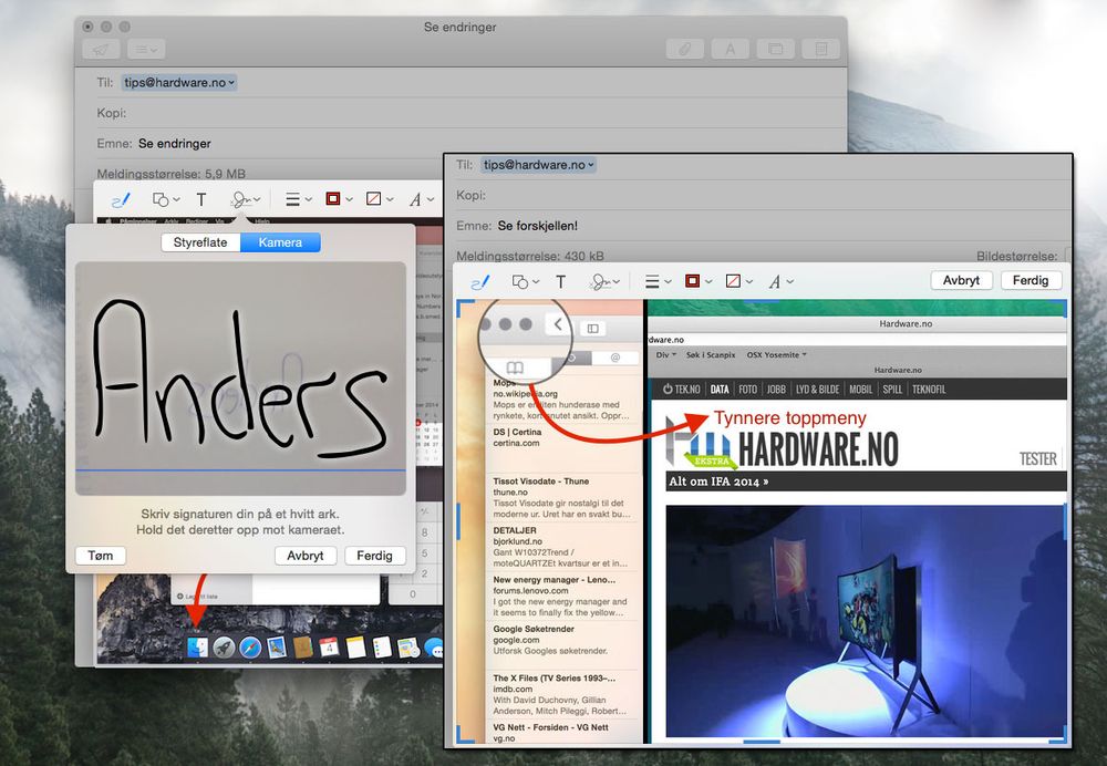 I Yosemite er det superenkelt å manipulere vedlegg og legge inn signaturen din.