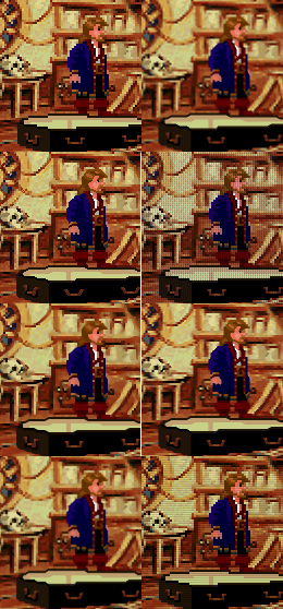 Monkey Island 2 med ulike grafiske filtere i SCUMMVM. Bildet øverst til venstre er originalen, kun forstørret.
