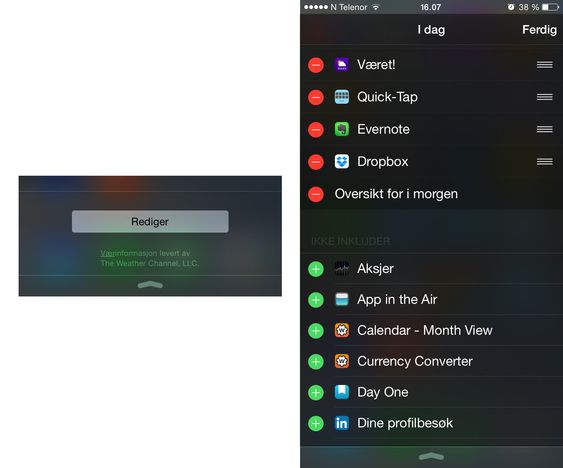1. Dra ned toppmenyen. 2. Bla helt ned og trykk "Rediger". 3. Velg dine widgets.