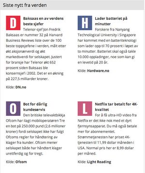 Slik ser nyhetssveipet ut på Tek.no. Du finner det litt ned på siden – alltid oppdatert.