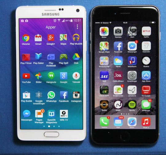 Note 4 er litt mindre enn Apples iPhone 6 Plus. Den har likevel større skjerm enn iPhone-en.