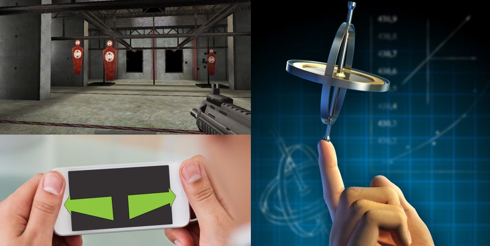 Skytespillet øverst til venstre var ett av de første spillene som baserte seg på mobile gyroskop. Et gyroskop er langt mer presist enn de eldre akselerometerne. I tillegg kan det måle horisontale vridninger av enheten, slik at du enkelt kan sikte eller se deg omkring i spill som ellers ville krevd styring med knapper.