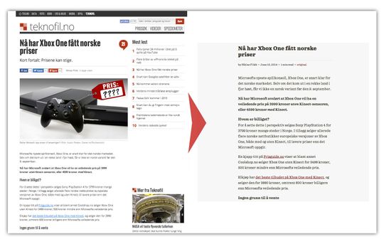 Det finnes nettlesertillegg som fjerner alt av bilder og distraherende elementer fra nettsider. Slik ser en Teknofil-artikkel ut med Readability aktivert.